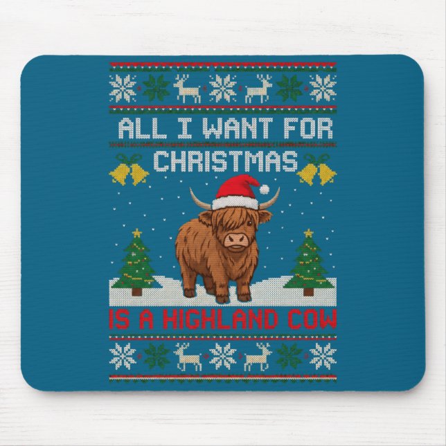 Highland Cow Christmas Ugly Sweater Style Festive  Mousepad (Vorne)