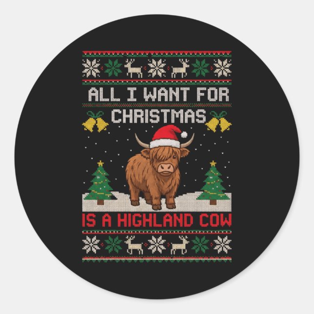 Highland Cow Christmas Ugly Sweater Style Festive  Runder Aufkleber (Vorderseite)