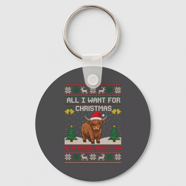Highland Cow Christmas Ugly Sweater Style Festive  Schlüsselanhänger (Vorderseite)