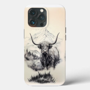 Highland Cow coque iphone avec Majestic Mountains