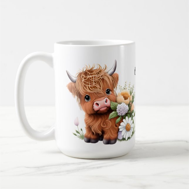 Highland Cow, Daisies Personalisiert Coffee Tasse (Links)