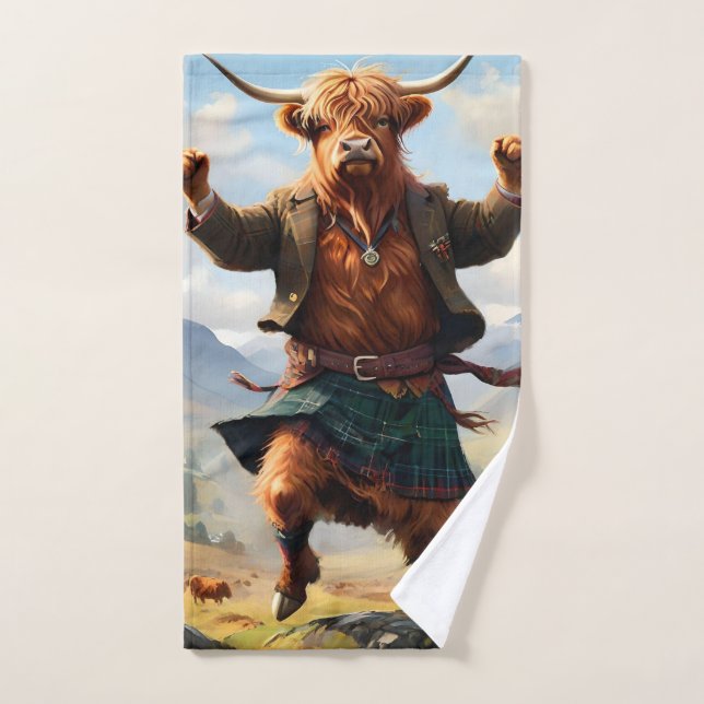 Highland Cow Dansant Le Highland Fling, (Serviette à main)