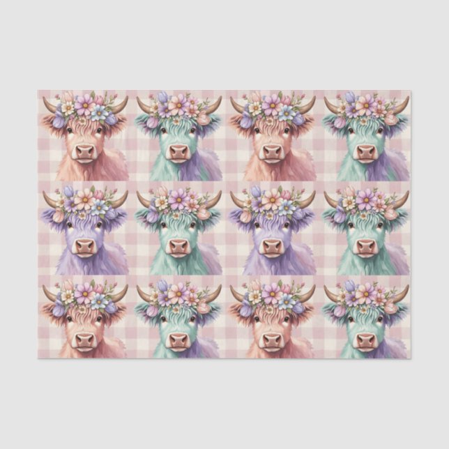 Highland Cow Easter Flowers in Pastel Seidenpapier (Vorderseite)