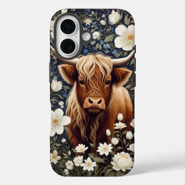 Highland Cow Elegant White Floral iPhone 16 Hülle (Rückseite)