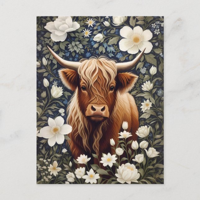 Highland Cow Elegant White Floral Postkarte (Vorderseite)
