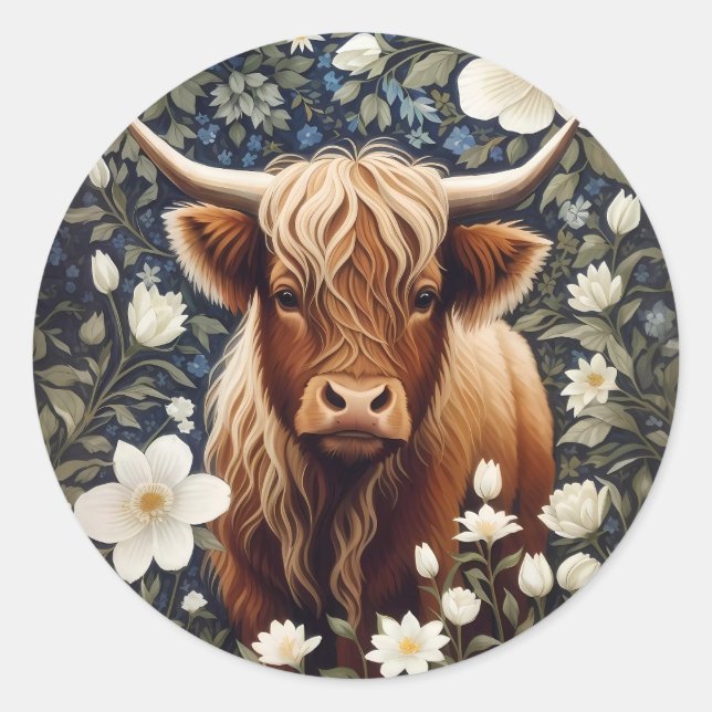 Highland Cow Elegant White Floral Runder Aufkleber (Vorderseite)