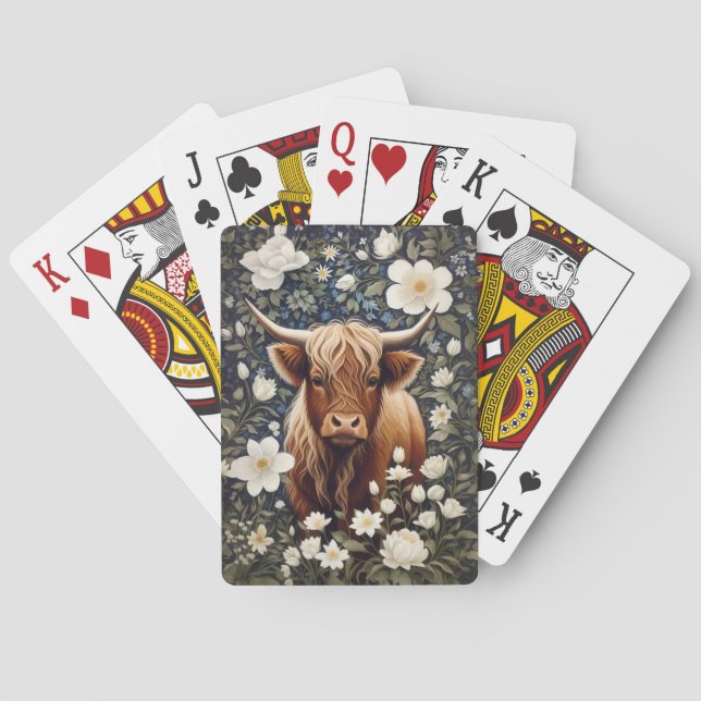 Highland Cow Elegant White Floral Spielkarten (Rückseite)