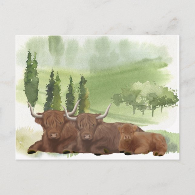 Highland Cow Family Watercolor Schottland Postkarte (Vorderseite)