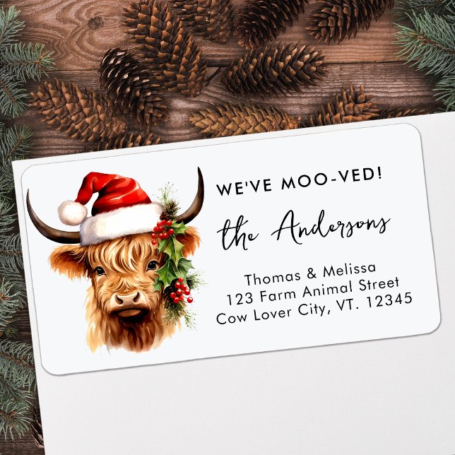 Highland Cow Festive Santa Holiday Rücksendeadress Adressaufkleber (Von Creator hochgeladen)