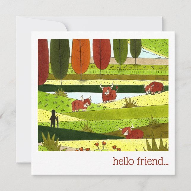 Highland Cow Field Hello Friend Mitteilungskarte (Vorderseite)
