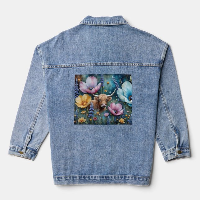 Highland Cow Floral Colorful Cosmos  Jeansjacke (Rückseite)