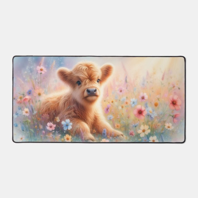 Highland Cow Floral Meadow Desk Mat (Recto)