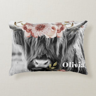 Highland Cow Floral   Western Cowgirl Kinder Name Dekokissen