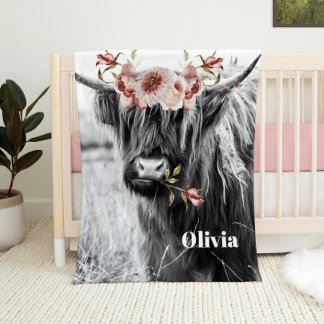 Highland Cow Floral | Western Cowgirl Kinder Name Fleecedecke