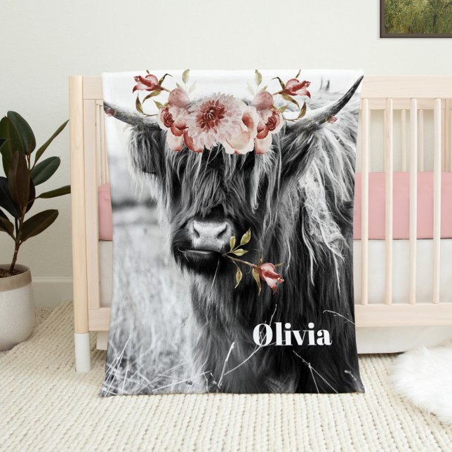 Highland Cow Floral | Western Cowgirl Kinder Name Fleecedecke (Von Creator hochgeladen)