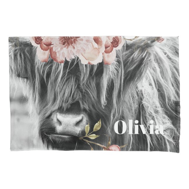 Highland Cow Floral | Western Cowgirl Kinder Name Kissenbezug (Vorderseite)
