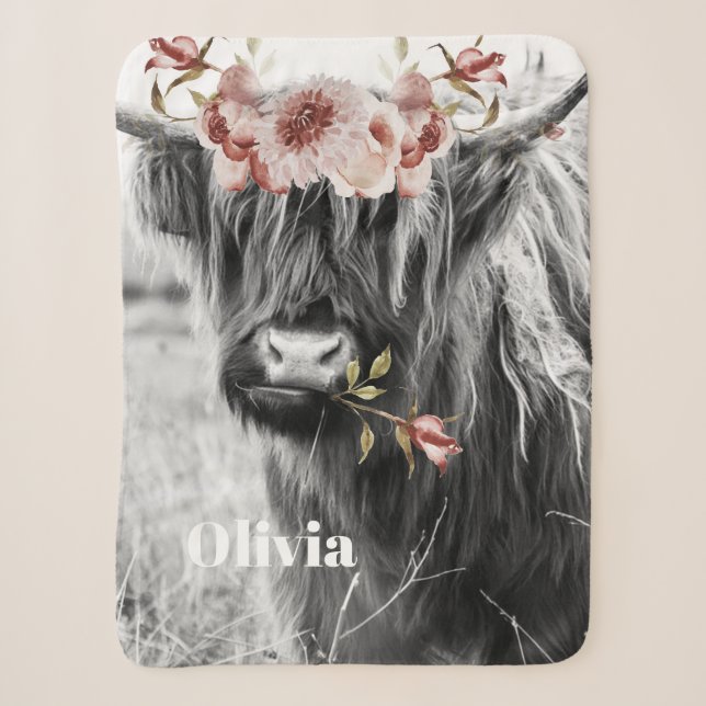 Highland Cow Floral | Western Cowgirl Kinder Name Sherpadecke (Vorderseite)