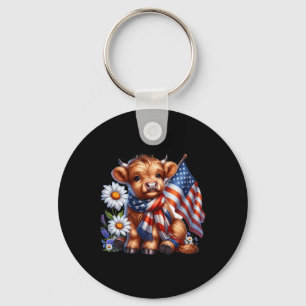 Highland Cow Florals 4. Juli USA Flaggenpatrioti Schlüsselanhänger