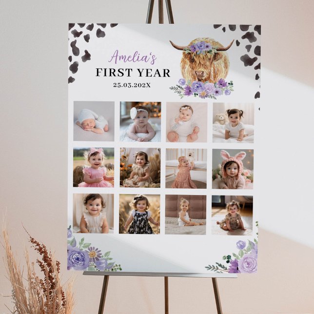 Highland Cow Girl Birthday Photo Milestone Poster (Créateur téléchargé)