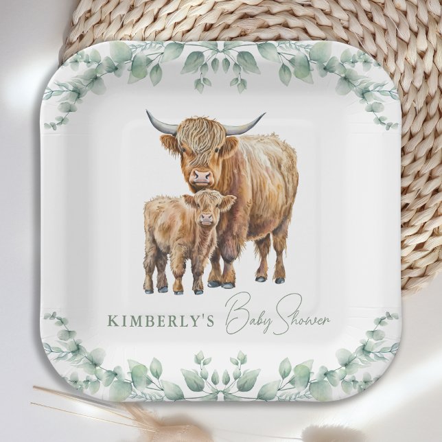 Highland Cow Greenery Boho Farm Animal Baby Shower Pappteller (Von Creator hochgeladen)