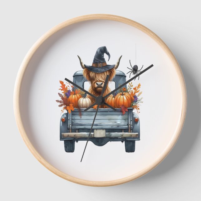 Highland Cow Halloween Fall Uhr (Vorderseite)