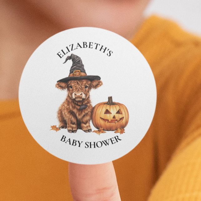 Highland Cow Halloween Watercolor Babydusche Runder Aufkleber (Von Creator hochgeladen)
