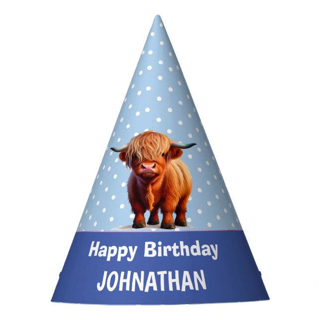 Highland Cow Happy Birthday Blue Party Hat Partyhütchen (Vorderseite)