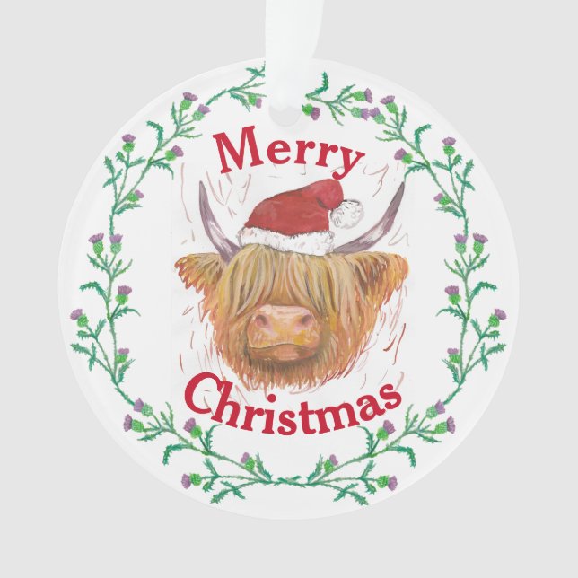 Highland Cow Hat Thistle Wreath Frohe Weihnachten Ornament (Vorderseite)
