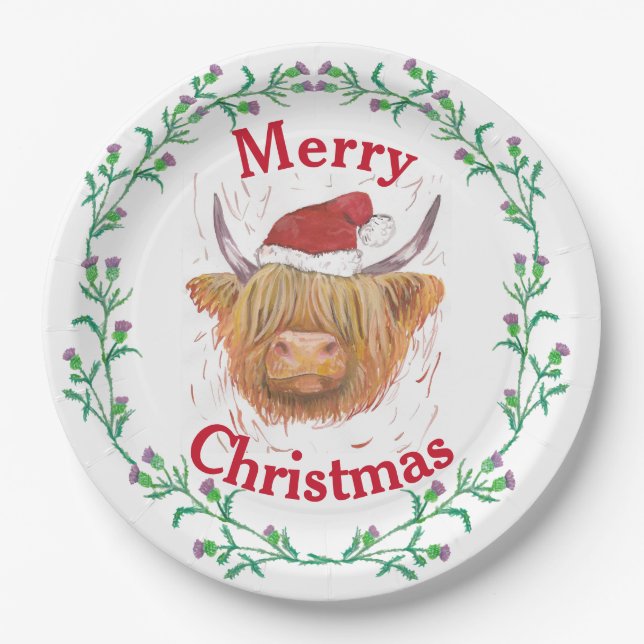 Highland Cow Hat Thistle Wreath Frohe Weihnachten  Pappteller (Vorderseite)