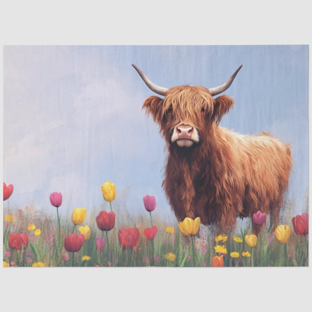 Highland Cow in a Field Tulips Decoupage Seidenpapier (Vorderseite)