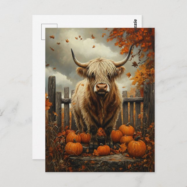 Highland Cow in Pumpkin Patch Postkarte (Vorne/Hinten)