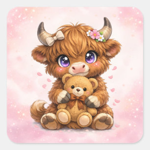 Highland-Cow Kuschel-Teddybär Quadratischer Aufkle Aufkleber
