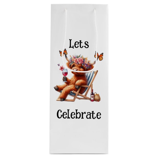 Highland Cow Lets Celebrate Geschenktüte Für Weinflaschen (Vorderseite)