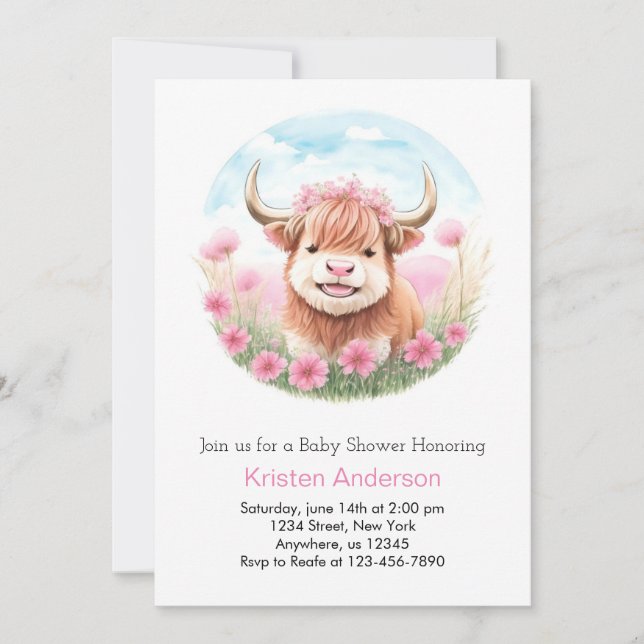 Highland Cow Meadow Pink Girl Baby Dusche Einladung (Vorderseite)