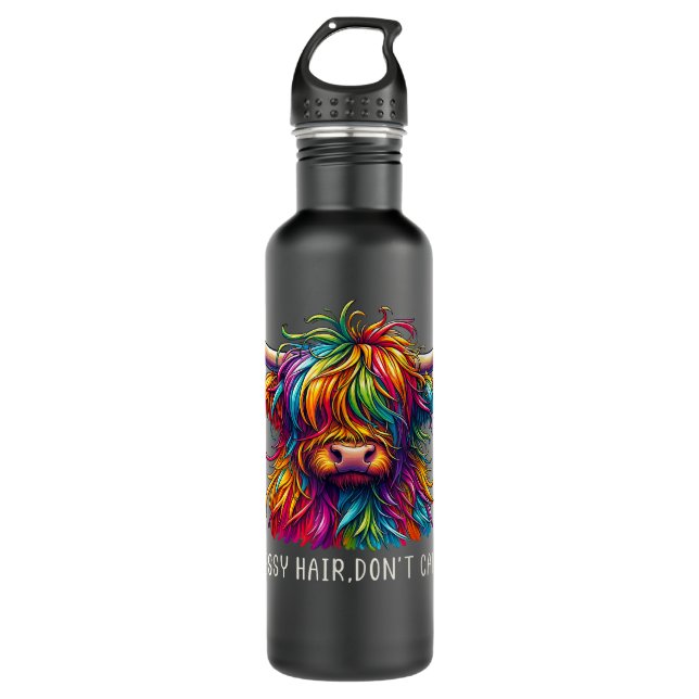 Highland Cow Messy Hair farbenfroh Edelstahlflasche (Vorderseite)