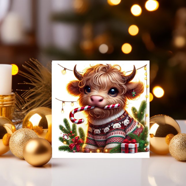 Highland Cow mit Candy Cane Feiertagskarte (Von Creator hochgeladen)