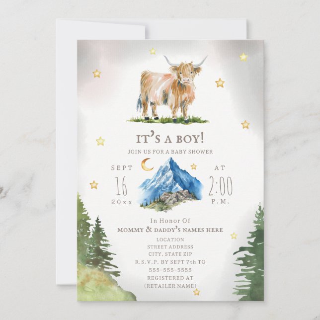 Highland Cow Moon Stars Mountain Baby Shower  Einladung (Vorderseite)