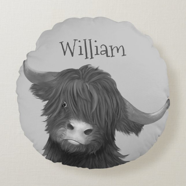 Highland Cow Name Rundes Kissen (Vorderseite)