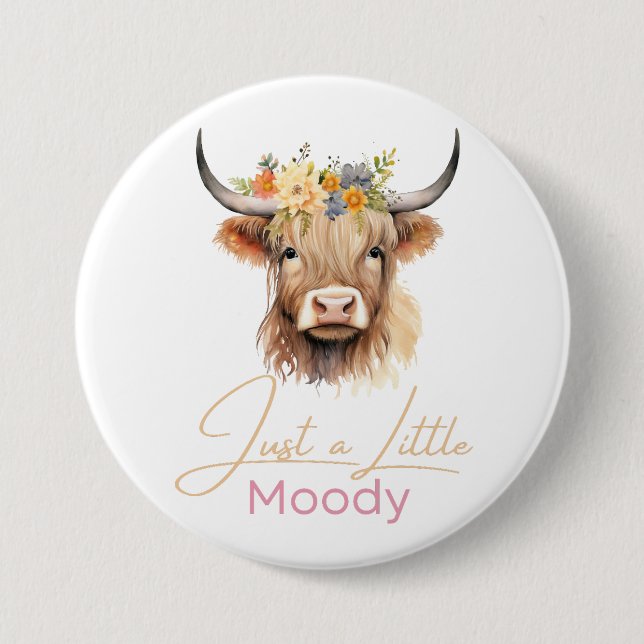 Highland Cow nur eine kleine Moody-Blume Kuh-Farm Button (Vorderseite)