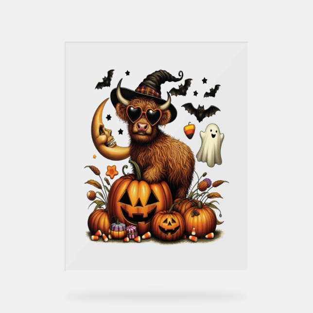 Highland Cow on Pumpkin Halloween Acrylschild (Vorderseite)
