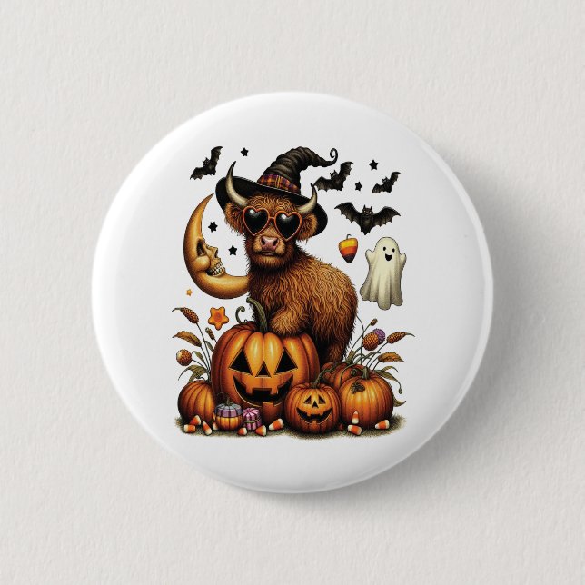 Highland Cow on Pumpkin Halloween Button (Vorderseite)