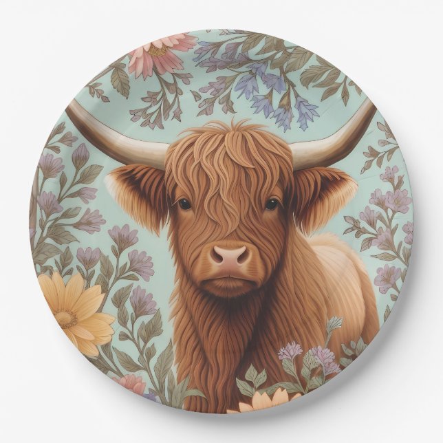 Highland Cow Pastel William Morris Inspired Floral Pappteller (Vorderseite)