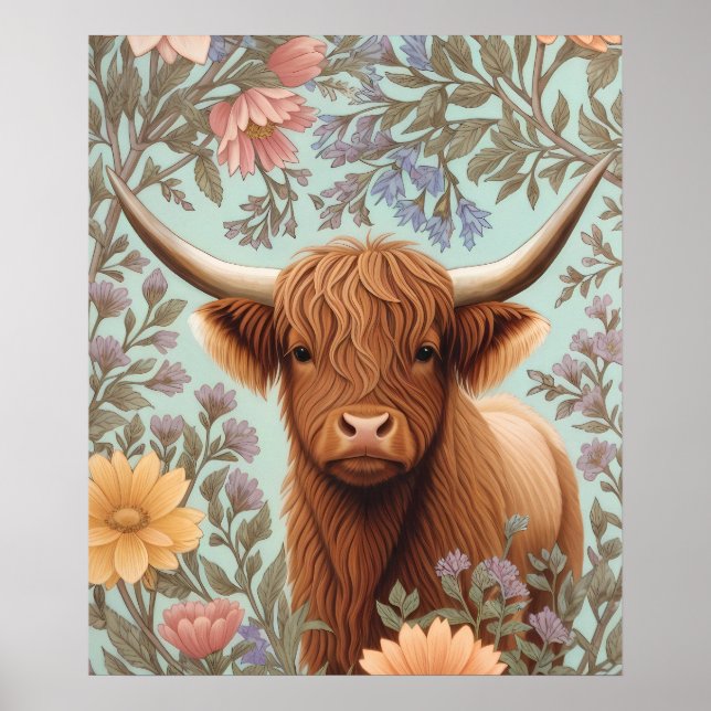 Highland Cow Pastel William Morris Inspired Floral Poster (Vorne)