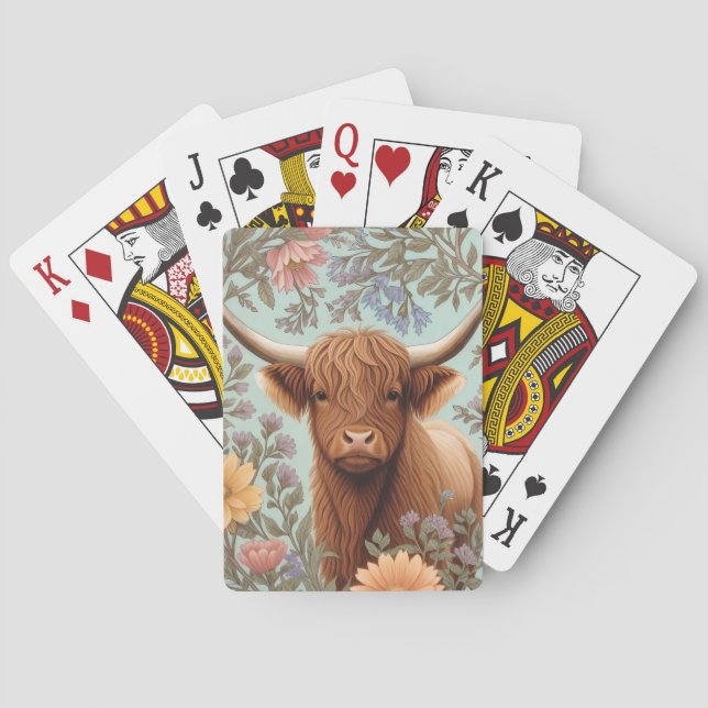Highland Cow Pastel William Morris Inspired Floral Spielkarten (Rückseite)