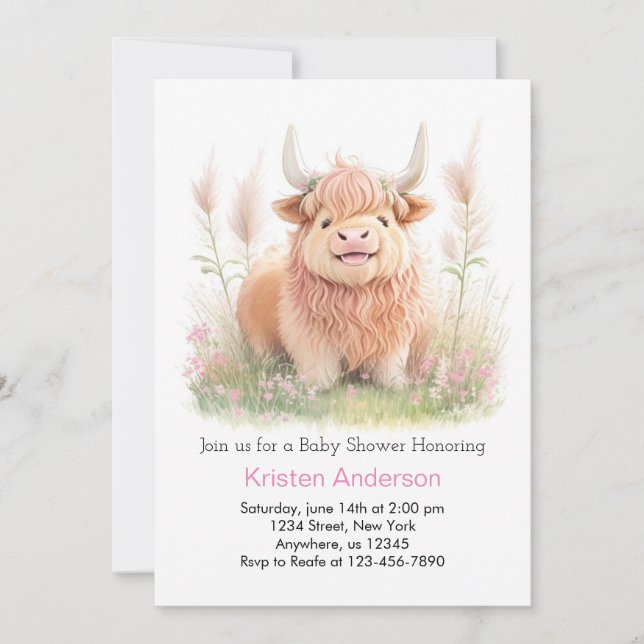 Highland Cow Pink Adventure Girl Baby Shower Einladung (Vorderseite)