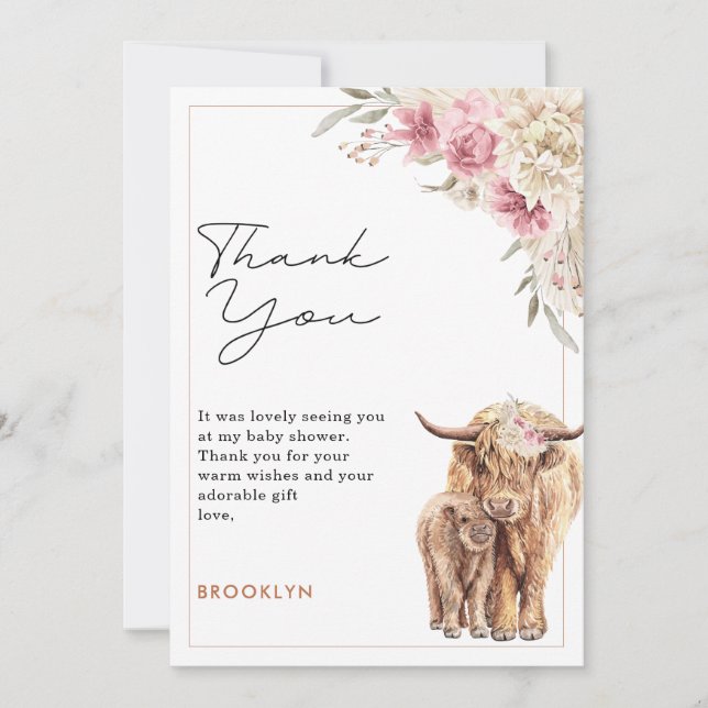 Highland Cow Pink Boho Floral Baby Showcard Einladung (Vorderseite)