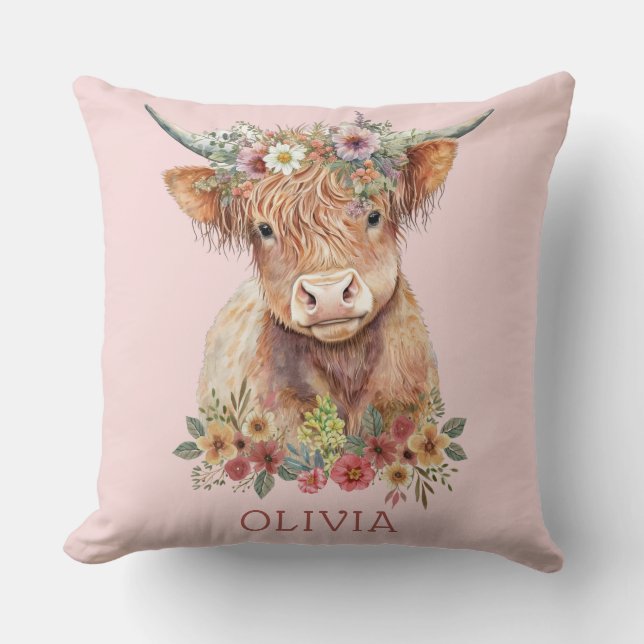 Highland Cow Pink Floral Whimsical Niedlich Girly Kissen (Vorderseite)