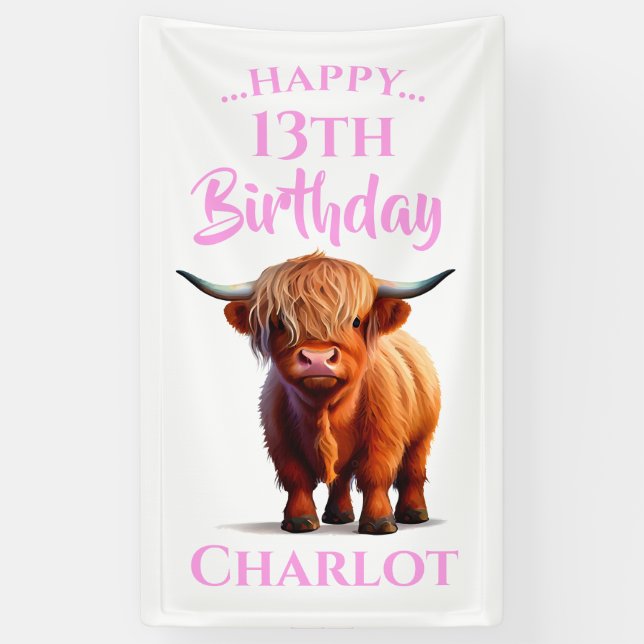 Highland Cow Pink Happy Birthday Banner (Vertikal)