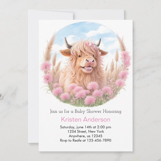 Highland Cow Pink Wildblume Girl Baby Dusche Einladung (Vorderseite)