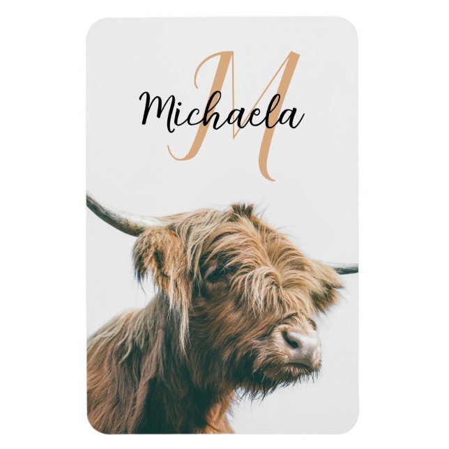 Highland cow portrait custom name initial monogram magnet (Vertikal)